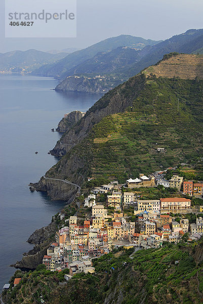 Aussicht über Riomaggiore und den Nationalpark Cinque Terre von einer Erhöhung aus  Ligurien  Italien  Europa