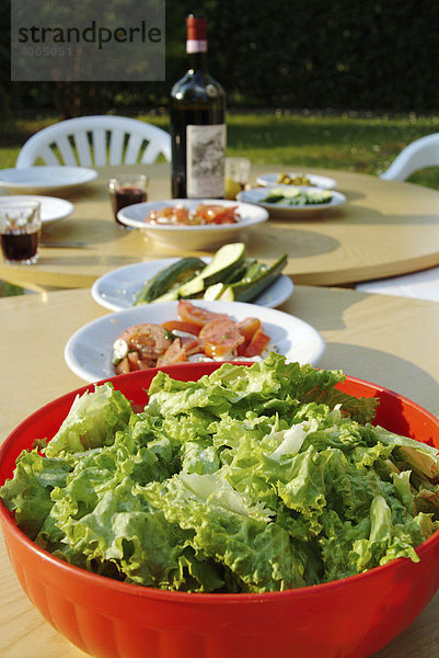 Frischer grüner Salat auf gedecktem Tisch mit italienischem Gemüse und Wein