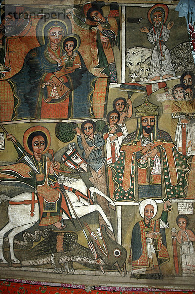 Wandmalerei  Maria mit Christuskind  St. Georg  Heilige  Felsenkirche Beta Marquorewos  Lalibela  Äthiopien  Afrika