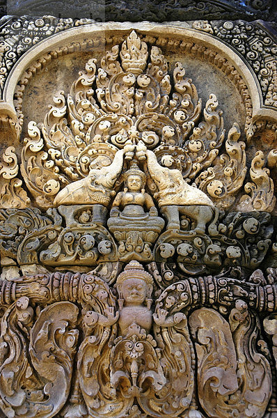Feines Relief mit Elefanten  Tempel Branteay Srei  Angkor  Siem Reap  Kambodscha  Südostasien