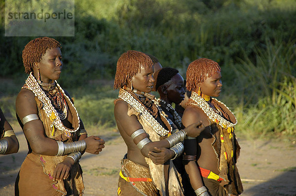 Junge Frauen vom Volk der Hamar mit vielen Halsketten und Armreifen auf dem Tanzplatz  bei Turmi  Äthiopien  Afrika