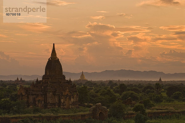 Tempelfeld von Bagan während des Sonnenuntergangs  Bagan  Myanmar  Südostasien