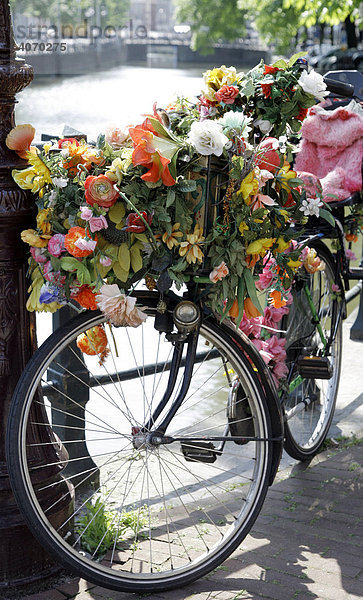 Fahrrad mit Blumenschmuck  Singel Gracht  Amsterdam  Niederlande  Europa