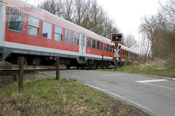 Zug durchfährt unbeschrankten Bahnübergang mit blinkender Ampelregelung  Schleswig-Holstein  Deutschland  Europa