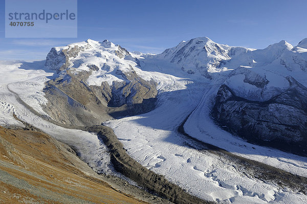 Blick vom Gornergrat auf Monte Rosa Massiv  Grenzgletscher  Liskamm  Zermatt  Wallis  Schweiz  Europa