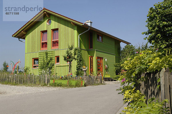 Modernes  grünes Einfamilienhaus aus Holz