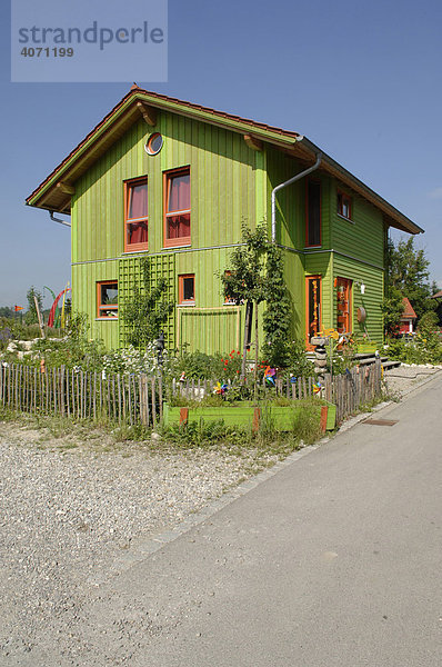 Modernes  grünes Einfamilienhaus aus Holz