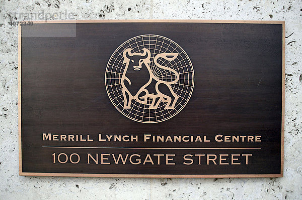 Schild der Bank Merrill Lynch International in London  England  Großbritannien  Europa