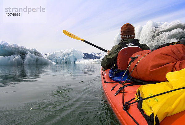 Vorderer Fahrer im Zweimann-Seekajak  zwischen Eisbergen  Columbia-Gletscher  Pazifik Küste  Chugach National Forest  Prince William Sound  Alaska  USA