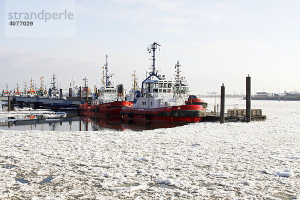 Schiffe im Eis  Schlepper im Hamburger Hafen im Winter bei Eisgang auf der Elbe  Anleger Neumühlen  Hamburg  Deutschland  Europa