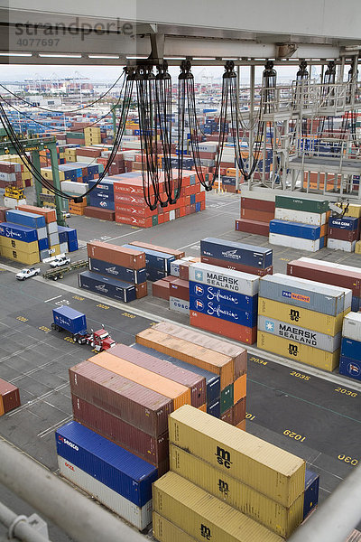 Kabel eines Hängekrans  dahinter warten Frachtcontainer auf die Verladung auf Frachtschiffe  Oakland  California  USA