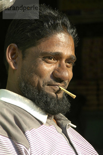Portrait Indischer Mann lächelt mit Vollbart und Stöckchen im Mund Karauli Rajasthan Indien