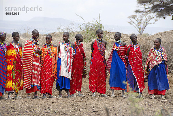 Massai Frauen mit bunten Umhängen stehen nebeneinander Amboseli Nationalpark Kenia