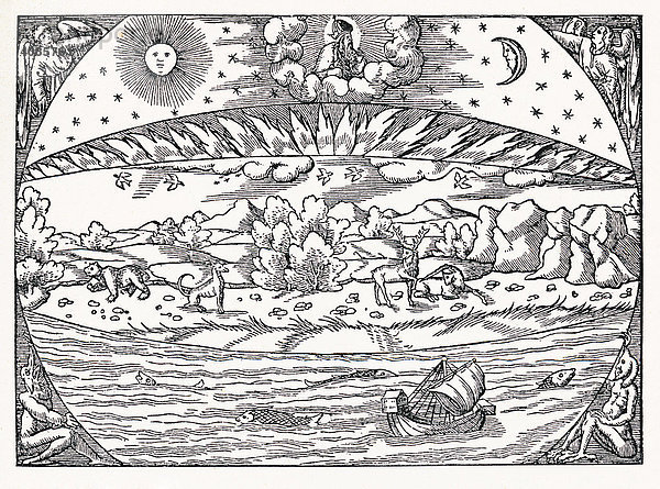 Die Erde nach der Schöpfung Holzschnitt von Sebastian Münster um 1550