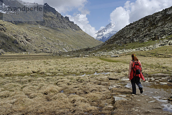 Gran Paradiso Nationalpark zwischen Piemont und Aostatal Italien Grajische Alpen Wanderer auf der Hochebene dem Plan di Nivolet alter Verbindungsweg zum Val Salvaranche