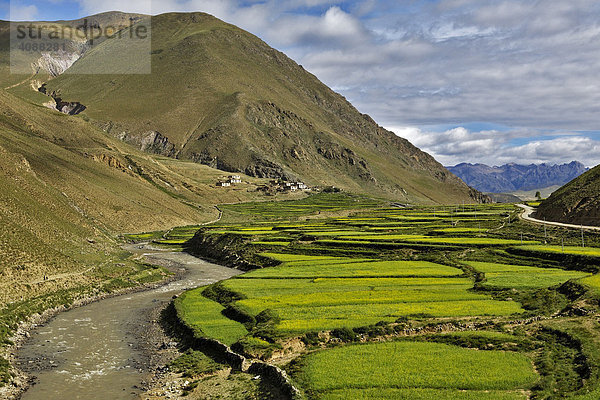 Blick auf Fluss und fruchtbares Tal  Berge mit Erosionsschäden  zwischen Dangxiong und dem Nam-Tsho-See  Tibet