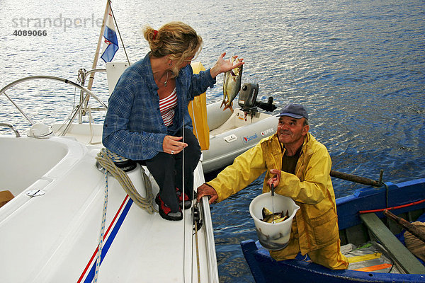 In der Bucht Donji Molunat bringt Fischer Donco frisch gefangenen Seefisch an Bord  Adria  Kroatien
