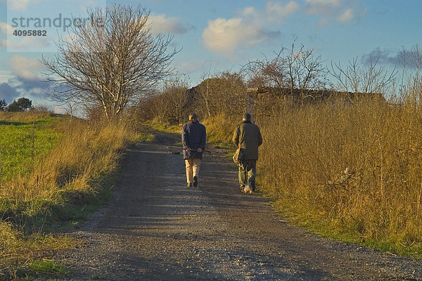Ein Paar geht an einem sonnigen Herbsttag auf einem Feldweg spazieren Niederösterreich