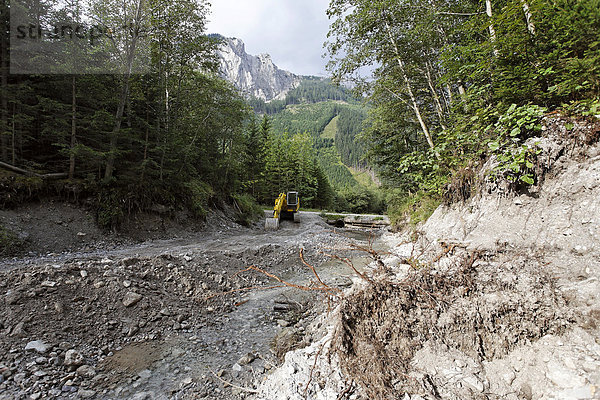 Ein Bagger zum Beseitigen der Schäden nach einem Hochwasser bei einem Wildbach im Jassing Tal  Hochschwab  Steiermark  Österreich