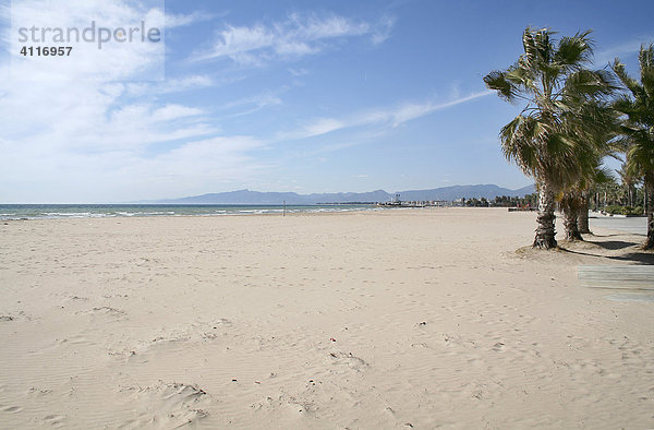 Spanien  El Vendrell  Coma Ruga Einsamer Strand in der Vorsaison  vor Beginn der Urlaubszeit  Costa Dorada Palmen