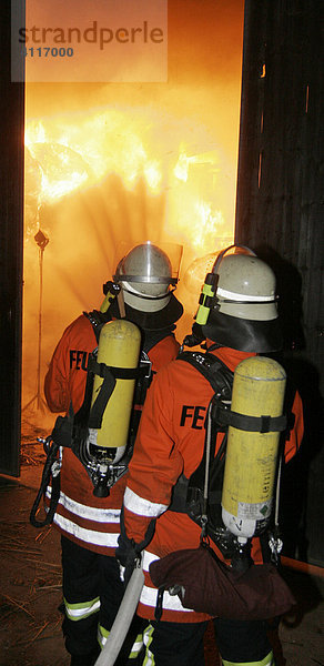 GER  Großsachsen  13.01.2006 Großbrand eines Pferdestalls  Rettungseinsatz der Feuerwehr   Feuerwehrmänner bei der Brandbekämpfung