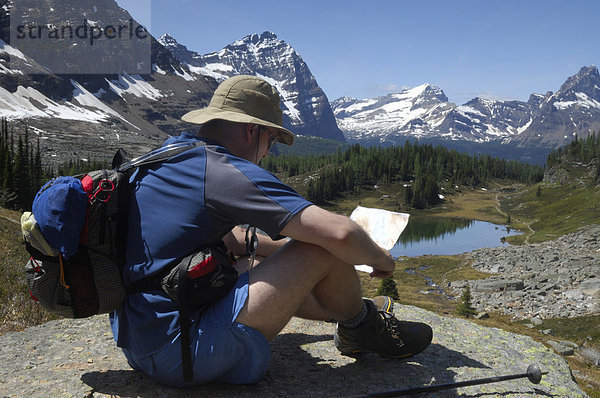 Wanderer liest seine Wanderkarte  Lake O'Hara  Yoho Nationalpark  British Columbia  Kanada