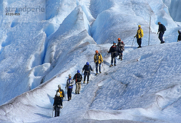 Eine Gruppe von Leuten wandert angeseilt über eine blaue Gletscherzunge