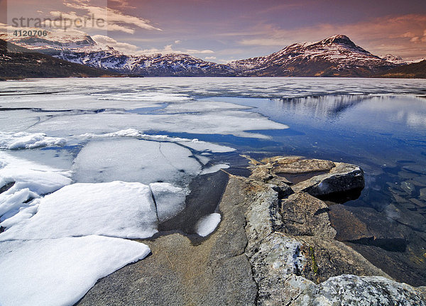 Eisfläche und Eisschollen an einem Fjord  Troms  Lenvik  Norwegen  Skandinavien  Europa