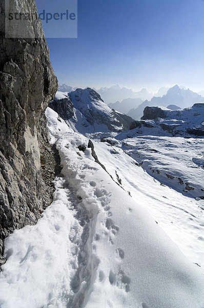 Verschneiter Wanderweg am Büllelejoch  Sextener Dolomiten  Südtirol  Italien