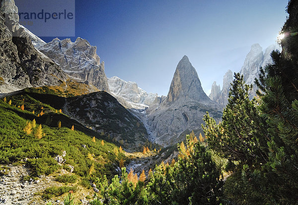 Wanderweg im Fischleintal mit Zwölferkogel  Sextener Dolomiten  Südtirol  Italien