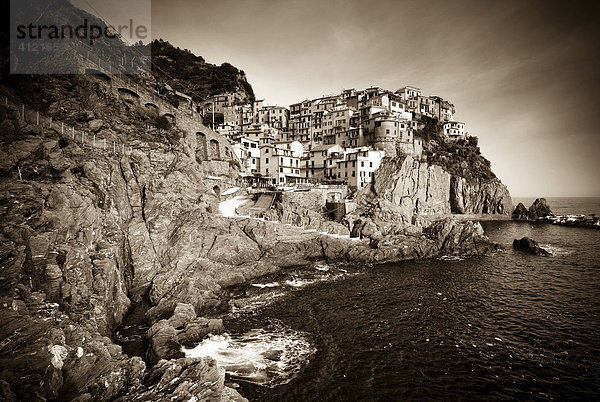 Das Dorf Manarola an der Steilküste  Sepia  Ligurien  Cinque Terre  Italien  Europa
