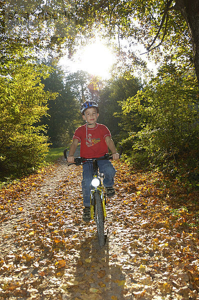 Junge fährt Rad auf einem herbstlichen Waldweg  Naturpark Schönbuch  Baden-Württemberg  Deutschland