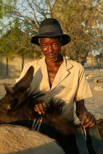 Alter Mann mit Esel  Sehitwa  Botswana  Afrika