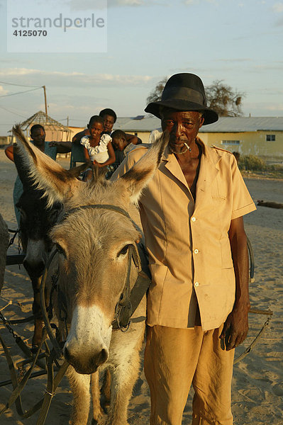 Alter Mann mit Eselwagen  Sehitwa  Botswana  Afrika