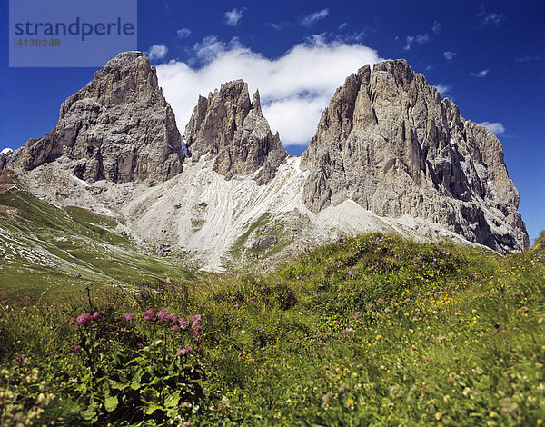 Langkofel-Gruppe von Süden  links Grohmannspitze  Fünffingerspitze rechts Langkofel  Dolomiten  Südtirol  Italien
