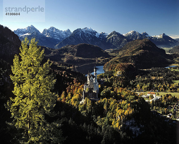 Schloss Neuschwanstein  Panorama im Herbst  Alpsee  Allgäuer Alpen  Allgäu  Bayern  Deutschland