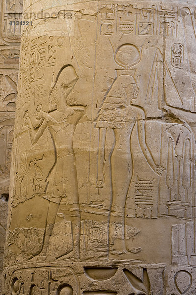 Hieroglyphen an den Säulen und Wänden in der großen Säulenhalle  Tempelanlagen Karnak  Luxor  Niltal  Ägypten  Afrika