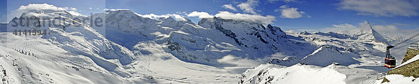 Panoramaaufnahme  Skigebiet Zermatt mit (von links nach rechts) Monte Rosa  Lisskamm   Pollux  Castor  Breithorn-Massiv (  Matterhorn und Gondel auf das Stockhorn  Wallis  Schweiz