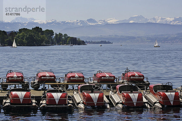 Zürichsee mit Tretbooten und Alpenpanorama bei Zürich  Schweiz