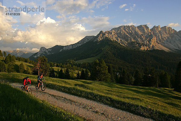Mountainbike-Fahrerinnen am Karerpass  Latemar im Hintergrund  Dolomiten  Italien