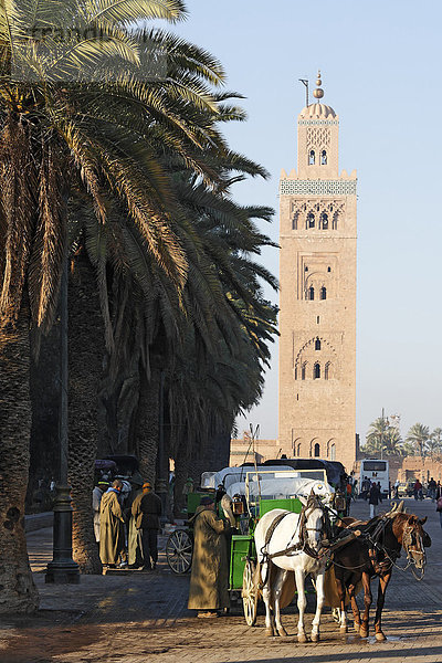 Pferdekutsche vor dem Minarett der Koutoubia Moschee  Marrakesch  Marokko  Afrika
