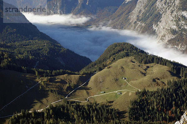 Der Königsee im Nationalpark Berchtesgaden  bedeckt vom Bodennebel  gesehen vom Aussichtspunkt des Jenner