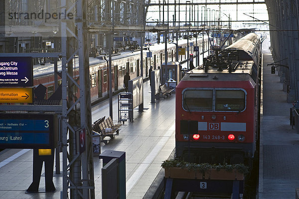 Zug der Deutschen Bundesbahn steht zur Abfahrt am Gleis bereit  Hauptbahnhof  Frankfurt  Hessen  Deutschland