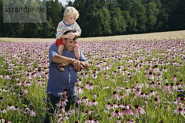 Walter Sturm mit seinem Enkel Marco in einem Feld der Heilpflanze Echinacea pallida bei Heilsbronn  nähe Ansbach  Deutschland.