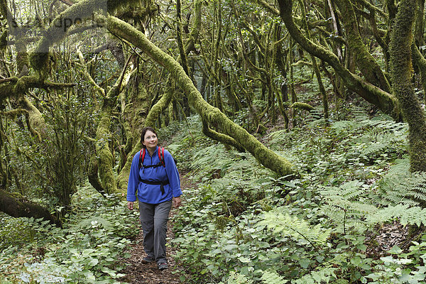 Frau wandert durch Lorbeerwald in Nationalpark Garajonay  La Gomera  Kanaren  Spanien
