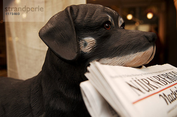 Figur: Hund mit Zeitung in der Schnauze  Nürnberg  Mittelfranken  Bayern  Deutschland