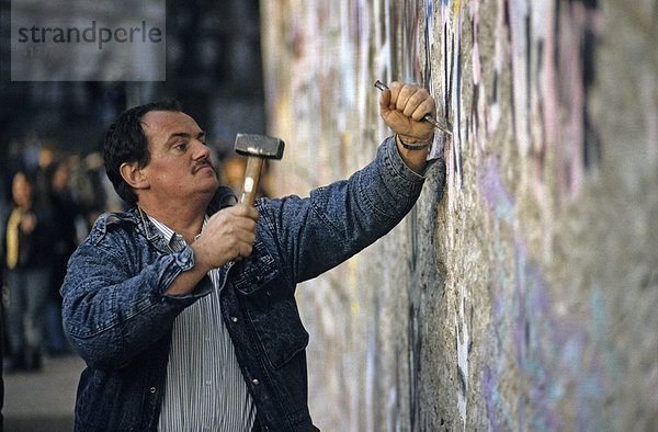 Fall der Berliner Mauer: Ein Mann schlägt Stücke aus der Mauer (Mauerspecht)  Berlin  Deutschland