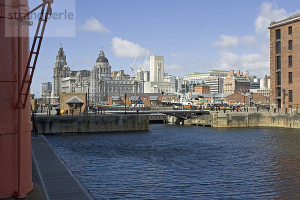 Liverpool  GBR  22.08.2005 - Blick vom Albert Dock in Liverpool hin zum Port of Liverpool Building  dem Cunard Building und zum Royal Liver Building.