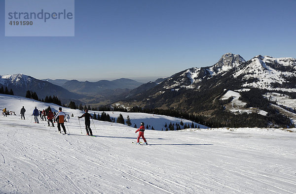 Skifahrer am Sudelfeld  hinten Wendelsteinmassiv  Bayerische Alpen  Deutschland  Europa