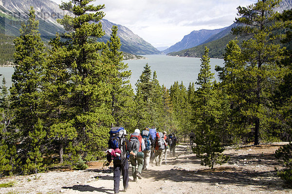 Wandergruppe mit Rucksack auf Chilkoot-Trail  Chilkoot-Pass  Lake Bennett  British Columbia  B.C.  Kanada
